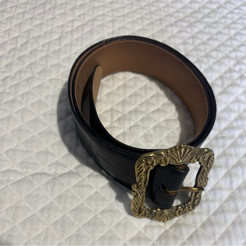 Jenny And The Boys Vintage Genuine Black Leather Belt W/ Brass Buckle Sz M